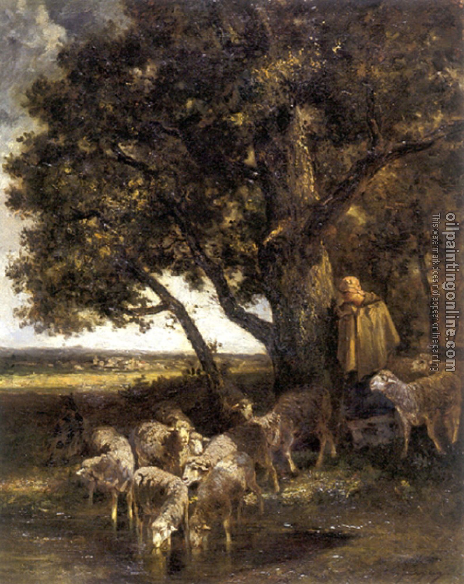 Charles Emile Jacque - A Shepherdess with Her Flock by a Pool